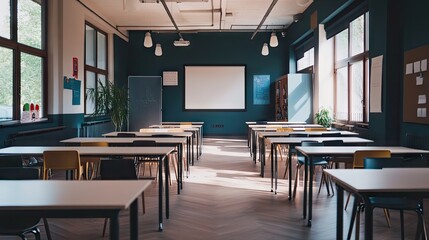 A spacious, empty classroom with modern desks and digital equipment, representing the future of education.