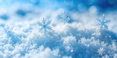 A Single Snowflake Stands Out Against a Background of Sparkling Snow and a Blue Sky
