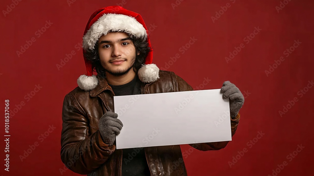 Poster isolated on red color background with side space for letters teenager dressed in a santa hat and mit
