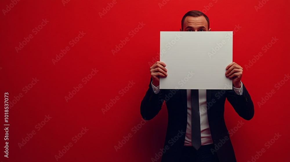 Poster isolated on red color background with side space for letters business person wearing a holiday tie h