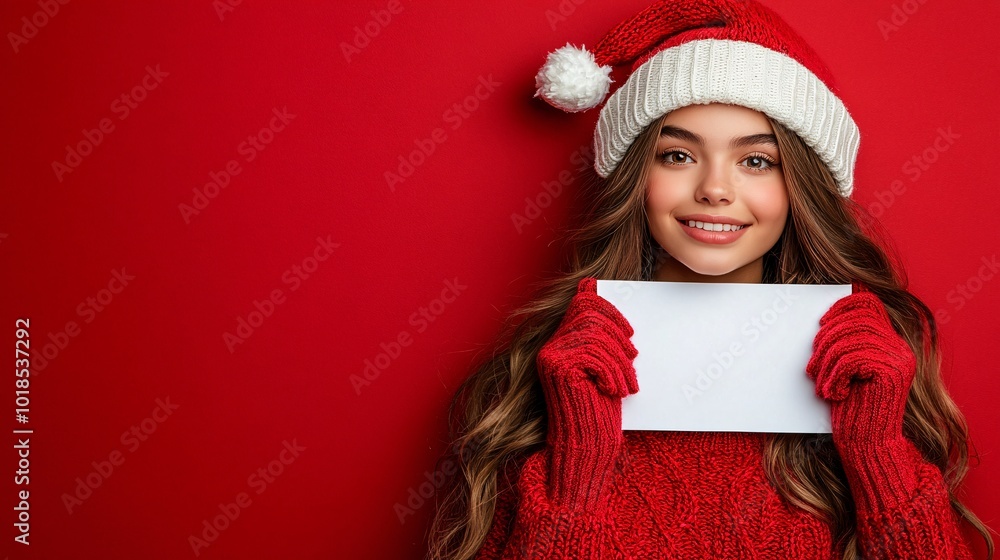 Poster isolated on red color background with side space for letters teenager dressed in a santa hat and mit