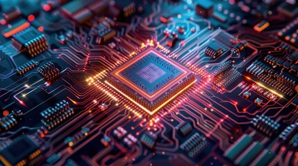 Obraz premium Create a 3D glowing blueprint of a next-generation computer chip with active circuits