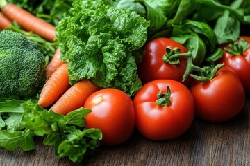 Fresh vegetables including tomatoes, lettuce, carrots, and broccoli arranged beautifully on a wooden surface.