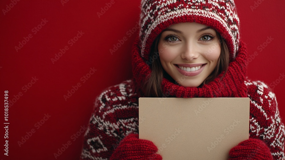Poster Isolated on Red color background with side space for letters Teenager smiling and wearing a Christmas-themed hoodie holding a blank board Stock Photo with copy space