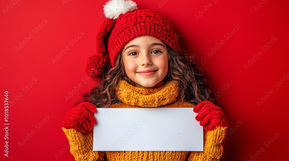 Poster isolated on red color background with side space for letters teenager holding a blank white sign wit