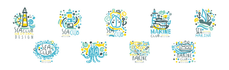 Sea and Marine Club Hand Drawn Logo and Label Original Design Vector Set