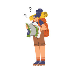Vector illustration of a lost woman with a backpack studying a map.
