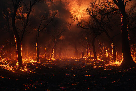 landscape on fire, burning ground level in the forest, glowing flames, red firey sky, photorealistic