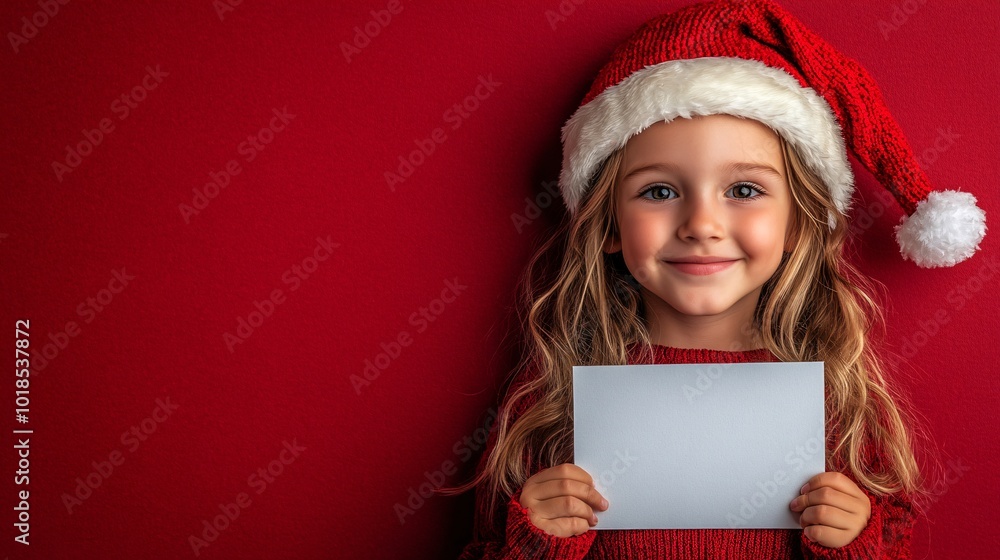 Poster isolated on red color background with side space for letters teenager dressed in holiday colors hold