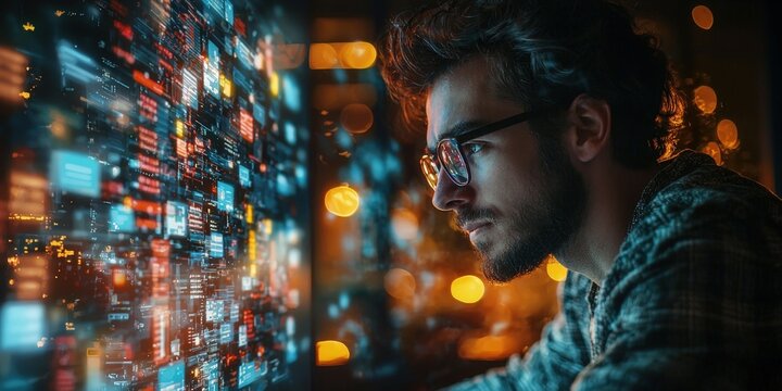 Man with beard working on computer with digital data