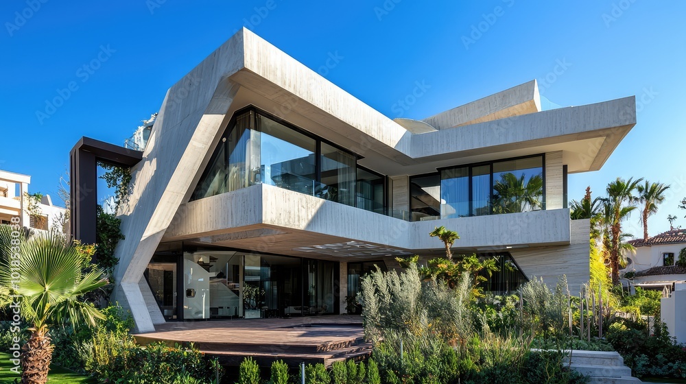 Poster stunning modern architecture featuring a unique design with open spaces, large windows, and beautifu