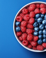 Fresh raspberries and blueberries in a bowl on a blue background.