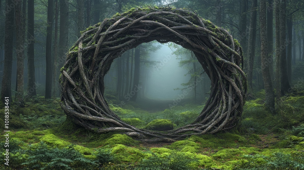 Poster twisted tree roots forming a circular gateway in a misty forest
