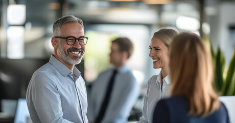 Business professionals meet for the first time at a conference, exchanging smiles and handshakes as they introduce themselves. The environment is welcoming and conducive to networking.