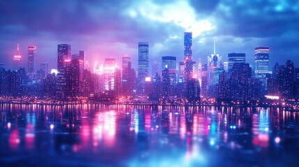 Fototapeta premium Glittering city skyline, New Year Eve background, midnight blue sky, dazzling lights, urban chic vibe.