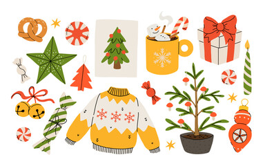 Hygge Winter elements set. Cute and cozy cartoon vector collection. Illustration of christmas present, festive garland, warm knitted sweater, envelope, star and skates.