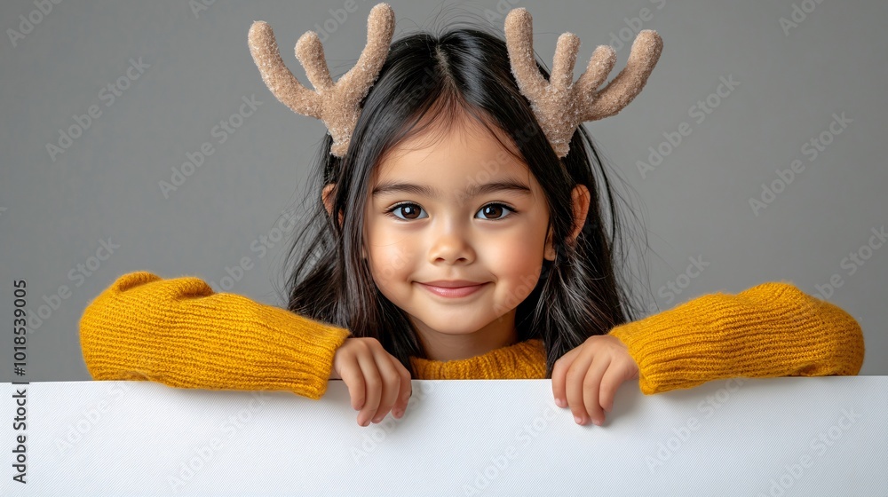 Poster isolated on white background with side space for letters bipoc child wearing reindeer antlers and ho