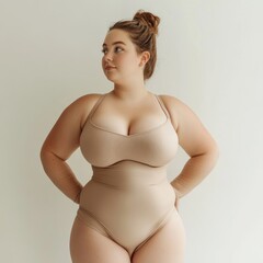 Obraz premium Young woman modeling a chic beige swimsuit indoors