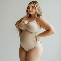 Fototapeta premium Graceful woman poses in beige swimsuit with long hair