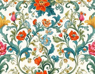 Colorful floral pattern with assorted flowers on a pale background suitable for fabric or wallpaper