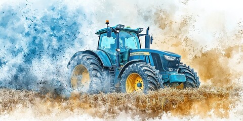 A vibrant watercolor illustration of a tractor working in an abstract agricultural field, capturing the essence of harvesting and modern farming techniques. This AI-generated wallpaper serves as an en