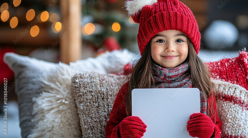 Aufkleber Isolated on Red color background with side space for letters happy Asian child holding an empty white board dressed in festive holiday attire Stock Photo with copy space