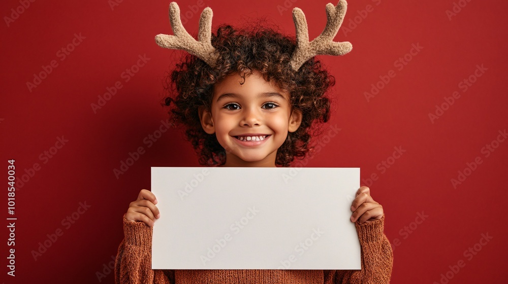 Poster Isolated on Red color background with side space for letters smiling BIPOC child wearing reindeer antlers holding a blank white sign Stock Photo with copy space