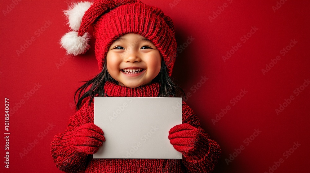 Aufkleber isolated on red color background with side space for letters happy asian child holding an empty whit