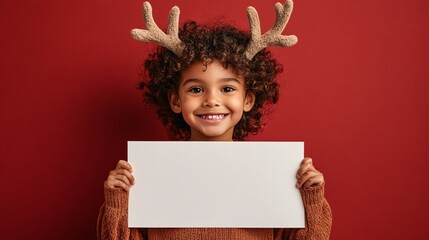 Isolated on Red color background with side space for letters smiling BIPOC child wearing reindeer antlers holding a blank white sign Stock Photo with copy space