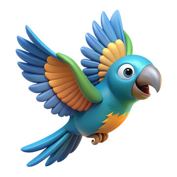 Colorful cartoon parrot flying with open wings on white background