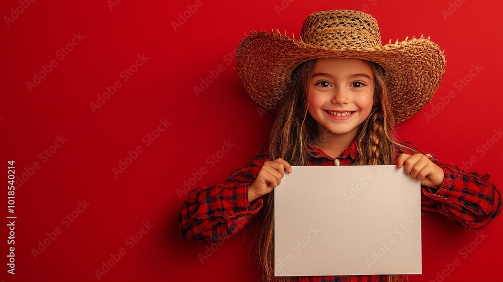 Poster isolated on red color background with side space for letters cheerful western child holding a blank 