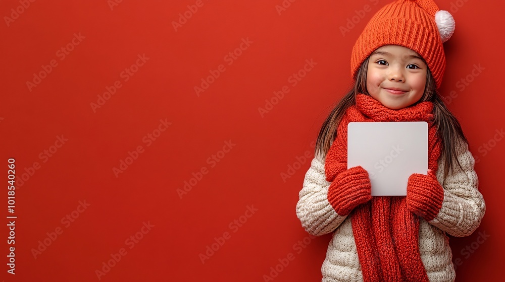 Poster isolated on red color background with side space for letters joyful asian child wearing a christmas 