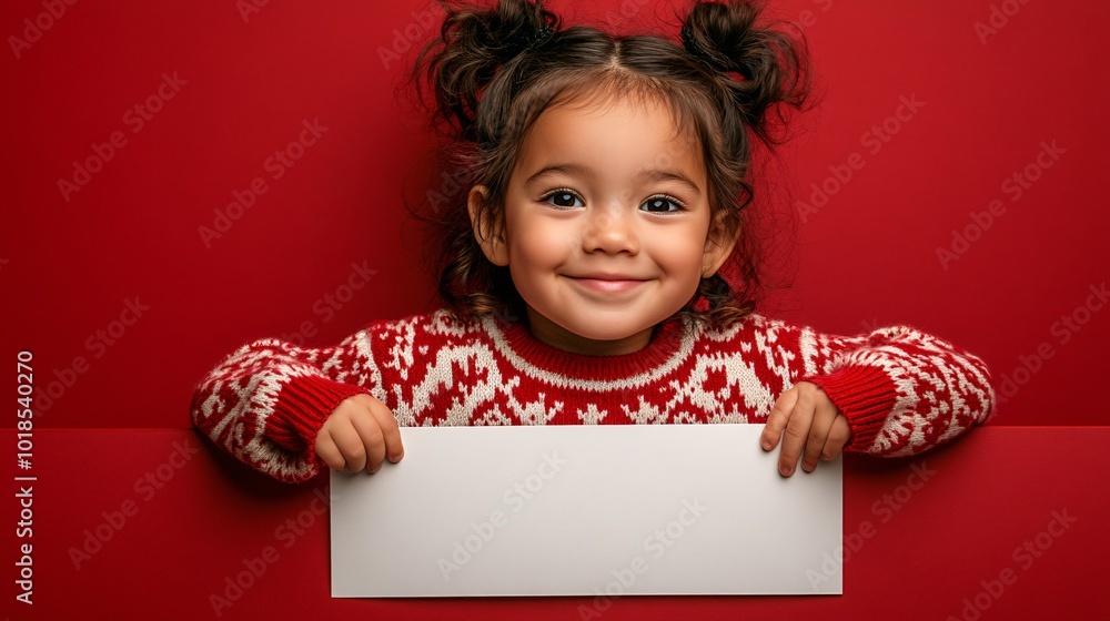 Poster Isolated on Red color background with side space for letters joyful BIPOC child dressed in a reindeer-themed sweater holding a blank white sign Stock Photo with copy space