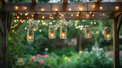 Enchanting Mason Jar Lights Hanging from a Pergola