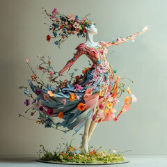 3D female figurine with colorful flowers close-up, isolated. Illustration, creative print, sketch for creativity, greeting card design, print on fabric, paper.