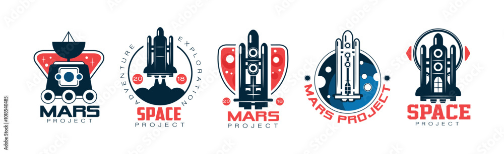 Poster mars and space project label and badge design vector set