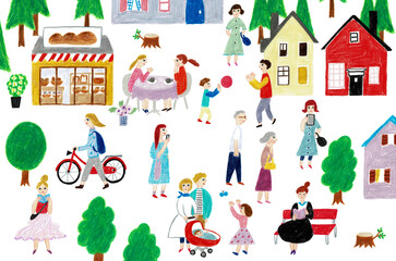 手描きイラスト　人々　休日の街中