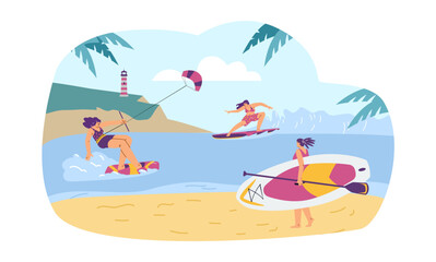 Vector graphics of young people doing sports on the beach: cupboard, kiteboard, surfing.