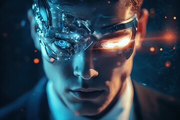 Cybernetic half-human with illuminated eyes close-up