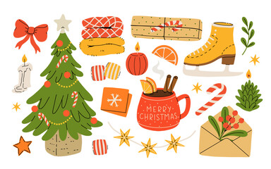 Hygge Winter elements set. Cute and cozy cartoon vector collection. Illustration of christmas present, festive garland, warm knitted sweater, envelope, star and skates.