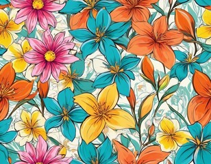 Colorful floral pattern with assorted flowers on a pale background suitable for fabric or wallpaper