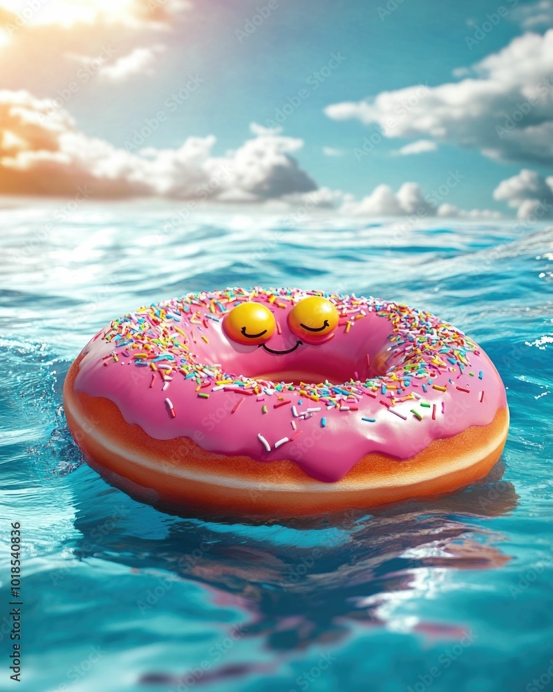 Aufkleber retro donut with colorful sprinkles and a cheerful face floating blissfully on the ocean in a vibran