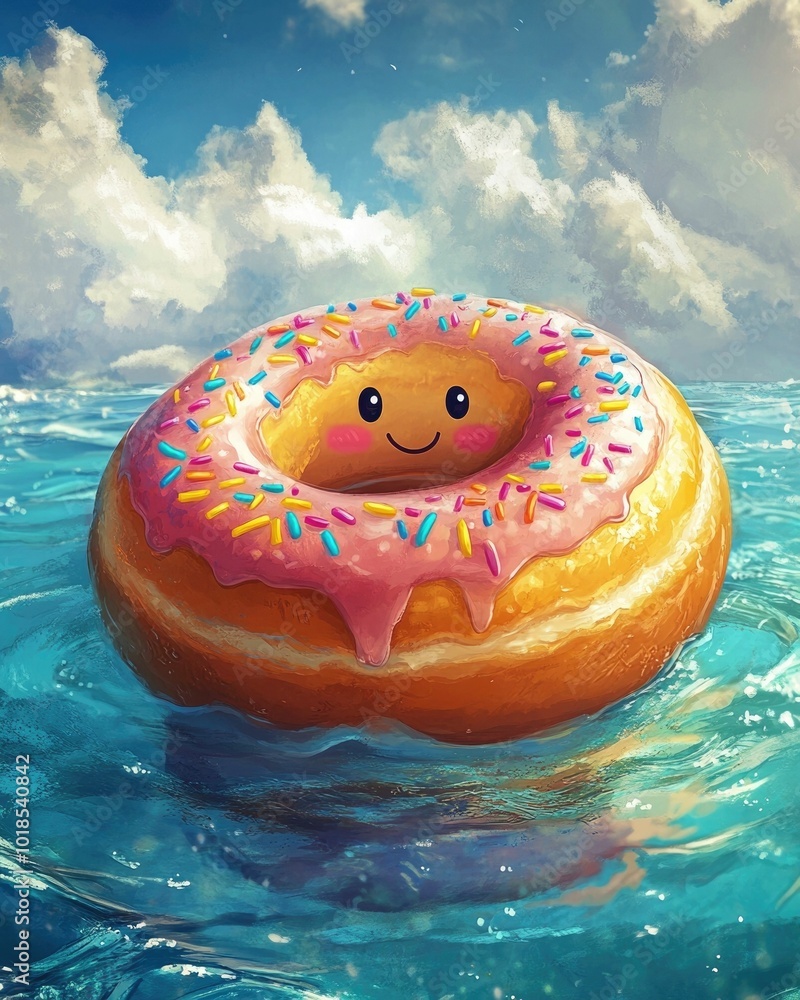 Poster whimsical of a retro styled donut covered in colorful sprinkles happily floating on an inflatable in