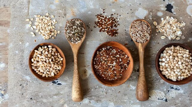 Gluten free grains are displayed in wooden bowls and spoons on a rustic kitchen counter. This image evokes healthy eating