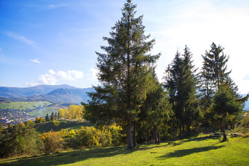 very beautiful panorama of the Carpathians in autumn-blue sky and bright sun