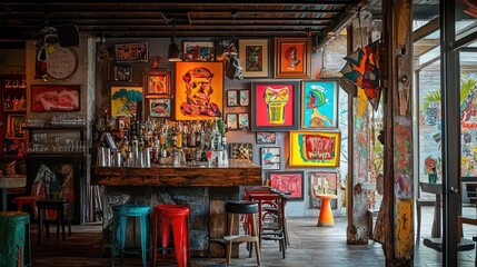 Obraz premium Vibrant bar interior showcasing colorful artwork and eclectic decor, creating a lively and inviting atmosphere.