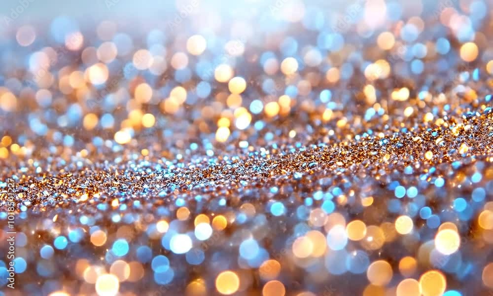 Poster Shimmering glitter and sparkling blue and gold create mesmerizing background, perfect for festive celebrations and joyful creative projects with beautiful bokeh texture.