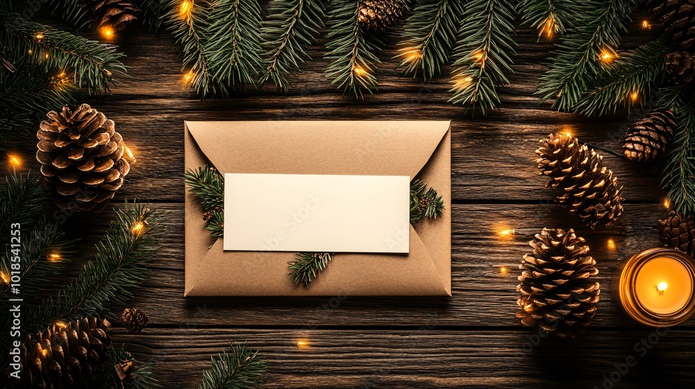 Poster Photorealistic with side space for letters Card mock-up with a festive pine cone border and blank space for custom messages Stock Photo with copy space