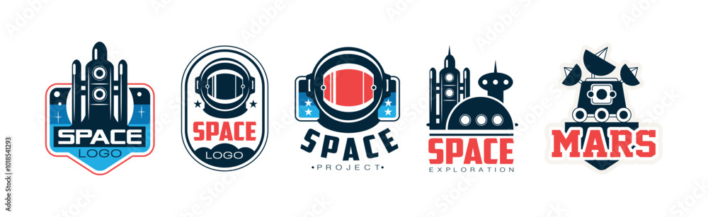 Poster mars and space project label and badge design vector set