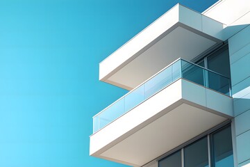 Obraz premium A minimalist balcony with a glass railing, extending from a modern building against a clear blue sky